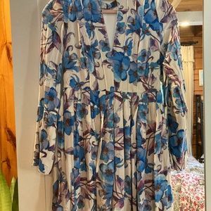 FREE PEOPLE White & Blue Floral Tegan Long Sleeve Mini Dress